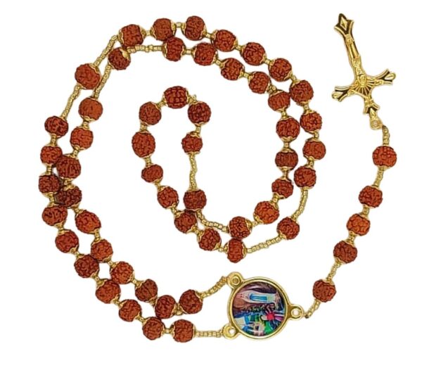 Rosary with 8mm Immitation Rudraksh Beads Gold Tone Chain and Crucifix, Prayer Beads